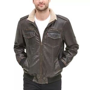 Levi’s Men's Sherpa Lined Faux Leather Aviator Bomber Jacket, Dark Brown, NWT